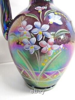 Fenton Plum Overlay Iridescent Glass Pitcher Artist Signature