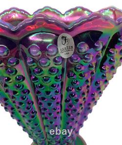 Fenton Plum Purple Carnival Hobnail Iridescent Glass Fan Vase