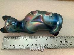 Fenton Purple Blue Carnival Iridescent Glass Cat Painted Flowers by C. Riggs. Wow