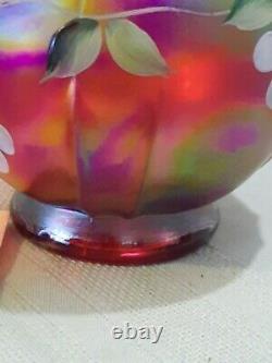Fenton ROSE BOWL Hand Painted Cherry Chain On Red Iridescent Carnival Signed
