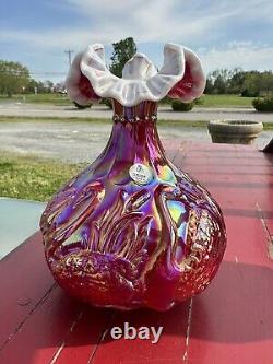 Fenton RUBY RED IRIDESCENT CARNIVAL GLASS OVERLAY SWAN CATTAIL VASE