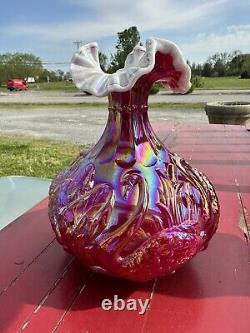 Fenton RUBY RED IRIDESCENT CARNIVAL GLASS OVERLAY SWAN CATTAIL VASE