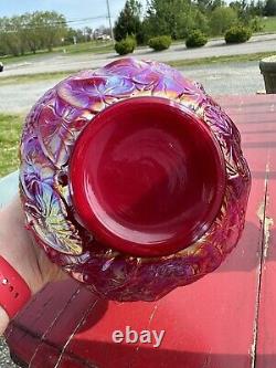 Fenton RUBY RED IRIDESCENT CARNIVAL GLASS OVERLAY SWAN CATTAIL VASE