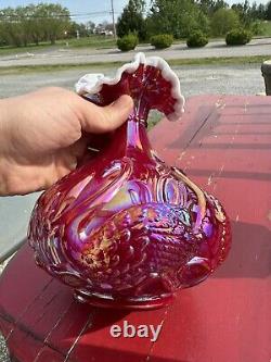 Fenton RUBY RED IRIDESCENT CARNIVAL GLASS OVERLAY SWAN CATTAIL VASE