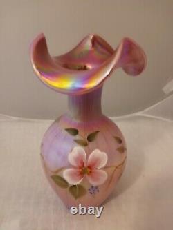 Fenton Raspberry Carnival Opalescent Iridized Tulips Floral Hand Painted Vase
