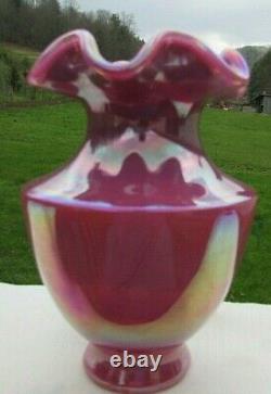 Fenton Raspberry Plum Carnival Opalescent Glass Vase 7.5H Rare