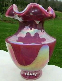 Fenton Raspberry Plum Carnival Opalescent Glass Vase 7.5H Rare