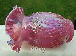 Fenton Raspberry Plum Opalescent Carnival Glass Daffodil Vase 8H x 6.25W HTF