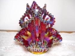 Fenton Red Iridescent Carnival Glass Diamond Lace 3 Horn Epergne Stunning