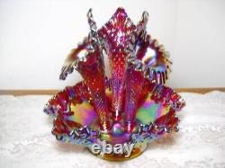 Fenton Red Iridescent Carnival Glass Diamond Lace 3 Horn Epergne Stunning