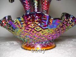 Fenton Red Iridescent Carnival Glass Diamond Lace 3 Horn Epergne Stunning