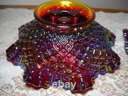 Fenton Red Iridescent Carnival Glass Diamond Lace 3 Horn Epergne Stunning