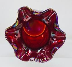 Fenton Red Iridescent Carnival Glass Vase Daffodils Signed Michael Fenton 5.25