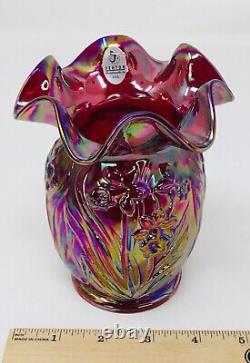 Fenton Red Iridescent Carnival Glass Vase Daffodils Signed Michael Fenton 5.25