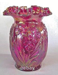 Fenton Ruby Red Carnival Glass Daffodil Ruffled Top Vase 8 Stunning Vintage
