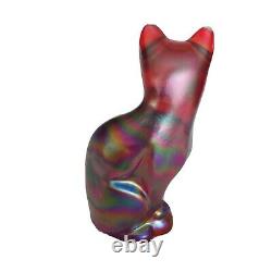 Fenton Ruby Red Carnival Glass Sitting Cat Iridescence 5 Tall VTG With Sticker
