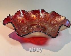 Fenton Ruby Red DRAGON & LOTUS Antique Carnival Glass Ruffle Edge Iridescent 9