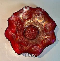 Fenton Ruby Red DRAGON & LOTUS Antique Carnival Glass Ruffle Edge Iridescent 9