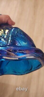 Fenton Signed Art Glass Iridescent Carnival Glass 11 Colbalt Winking Alley Cat