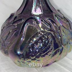 Fenton Signed SWAN VASE Purple Opalescent Iridescent Carnival Glass Art Ruffles
