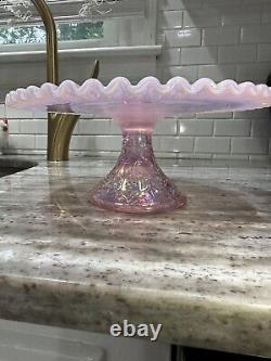 Fenton Spanish Lace Iridescent Pink French Opalescent Cake Plate Stand Pedestal