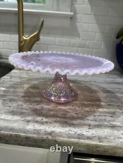 Fenton Spanish Lace Iridescent Pink French Opalescent Cake Plate Stand Pedestal