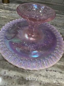 Fenton Spanish Lace Iridescent Pink French Opalescent Cake Plate Stand Pedestal