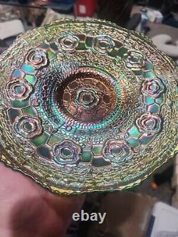 Fenton Spectacular Green Captive Rose Carnival Glass. Bursting Color Excellent