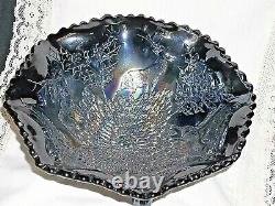 Fenton Stag & Holly 3 Toed Bowl Amethyst Iridescent Color Carnival Glass