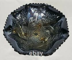 Fenton Stag and Holly Carnival Glass 3 Toed Bowl Amethyst Iridescent (gold)