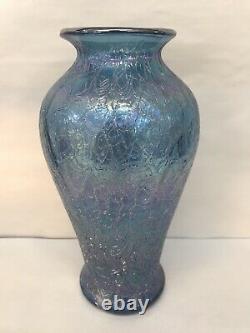 Fenton Steel Blue Iridescent Carnival Crackle Glass Vase No Chips or Cracks
