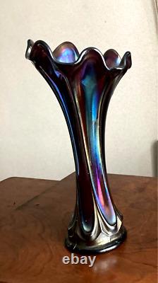 Fenton Swung Iridescent Blue Carnival Vase Antique Used