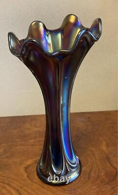 Fenton Swung Iridescent Blue Carnival Vase Antique Used