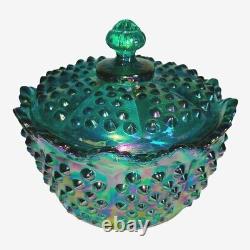 Fenton Teal Carnival Glass Iridescent Hobnail Covered Candy Dish 5H x 5.5W