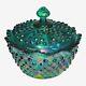 Fenton Teal Carnival Glass Iridescent Hobnail Covered Candy Dish 5H x 5.5W