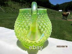 Fenton Vaseline Opalescent Carnival Glass Hobnail Squat Pitcher Set Levay 1977