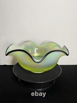 Fenton Vaseline Opalescent Ebony Carnival Trim Ruffled Dish Glow