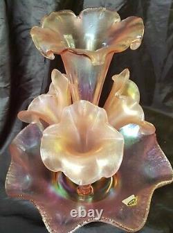 Fenton Velva Pink Rose Carnival Stretch Glass Epergne 5 Pieces Rare 75th Anniver