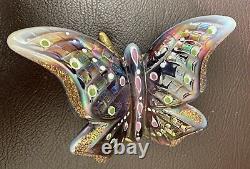 Fenton Vintage 1990's Plum Opalescent & Iridized HP Butterfly Rare HTF BOX Stand