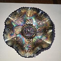 Fenton Water Lily Electric Blue Iridescent Carnival Glass Footed Bowl 6 inch