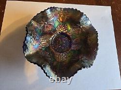 Fenton Water Lily Electric Blue Iridescent Carnival Glass Footed Bowl 6 inch