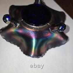 Fenton Water Lily Electric Blue Iridescent Carnival Glass Footed Bowl 6 inch