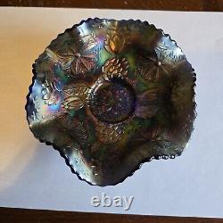 Fenton Water Lily Electric Blue Iridescent Carnival Glass Footed Bowl 6 inch