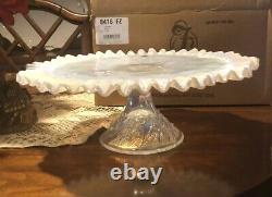 Fenton White Carnival Opalescent Glass Cake Plate 2001 Nib