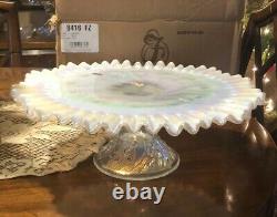 Fenton White Carnival Opalescent Glass Cake Plate 2001 Nib