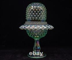 Fenton Willow Green Opalescent Hobnail Carnival Glass Hobnail 3 Pc Fairy Lamp