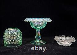 Fenton Willow Green Opalescent Hobnail Carnival Glass Hobnail 3 Pc Fairy Lamp