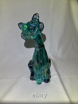 Fenton Winking Alley Cat 11 Iridescent Carnival Glass Green Blue Excellent Cond