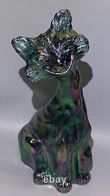 Fenton Winking Alley Cat Iridescent Green Blue Carnival Glass Figurine 11