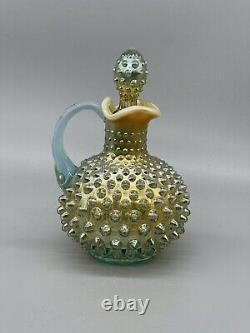 Fenton for Levay Carnival Gold Aqua Opalescent Hobnail Glass Cruet withStopper